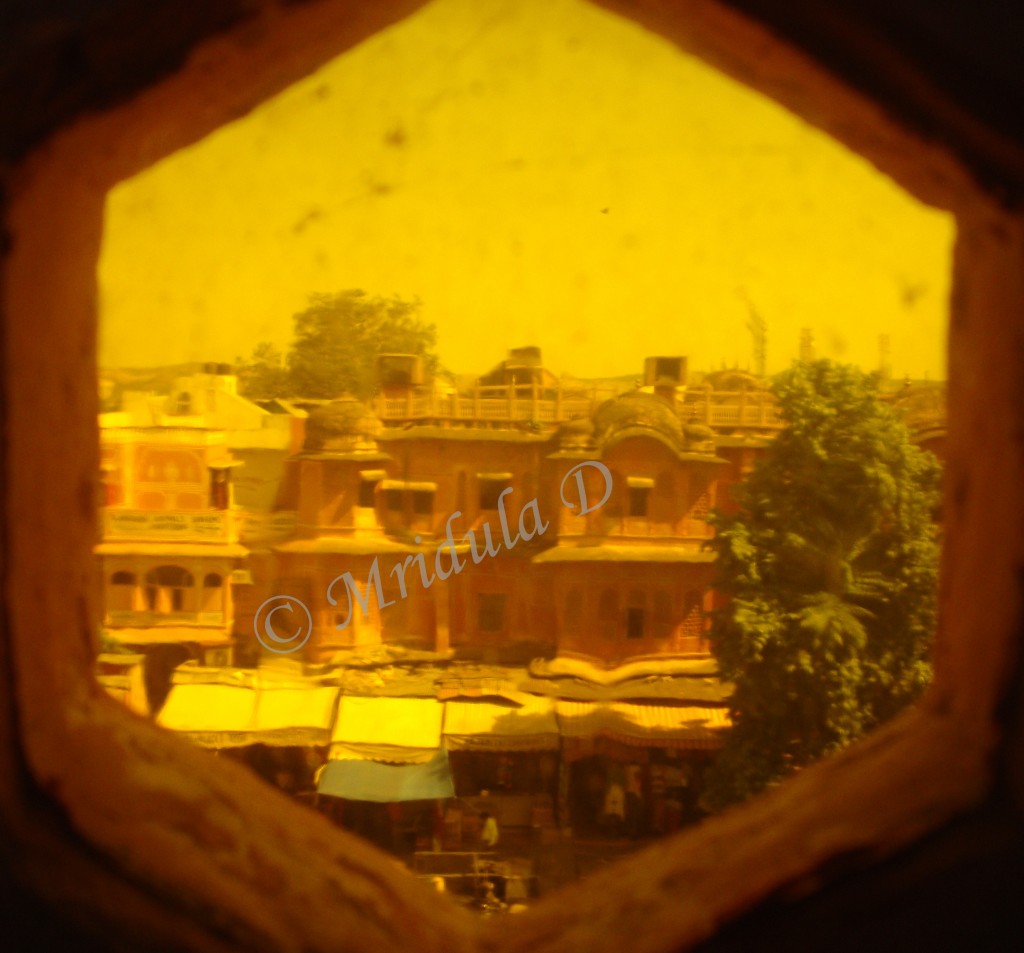 Jaipur City and Sky through Hawal Mahal Colored Glasses