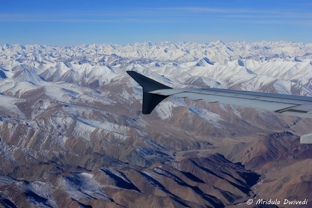 Lading at leh in winter gives a beautiful view of the ladakh range of mountains