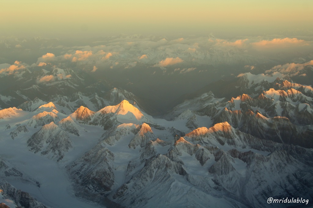 View of the Ladakh Range of mountains from the Delhi Leh Sunrise flight