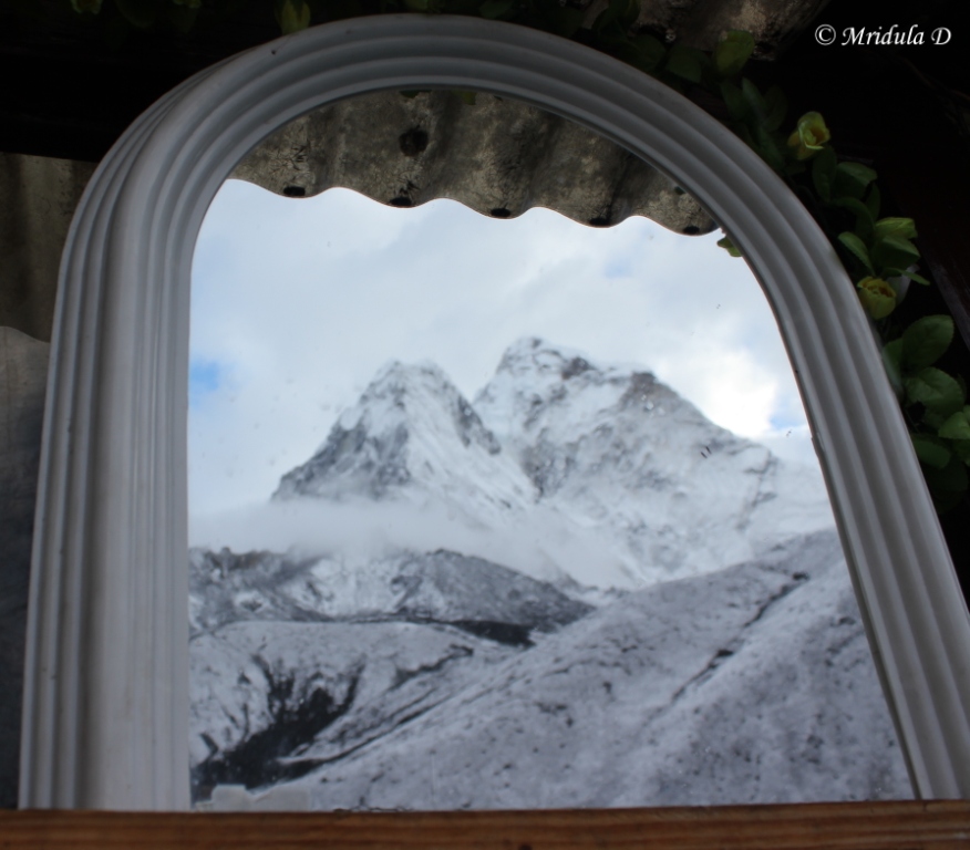 Ama Dablam reflected in the Mirror above the Tooth Brush Stand, Dingboche