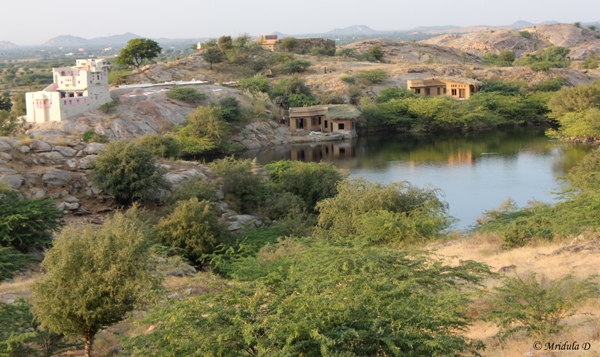 The Lakshman Sagar Lake and the Pink Restaurant from the Walk