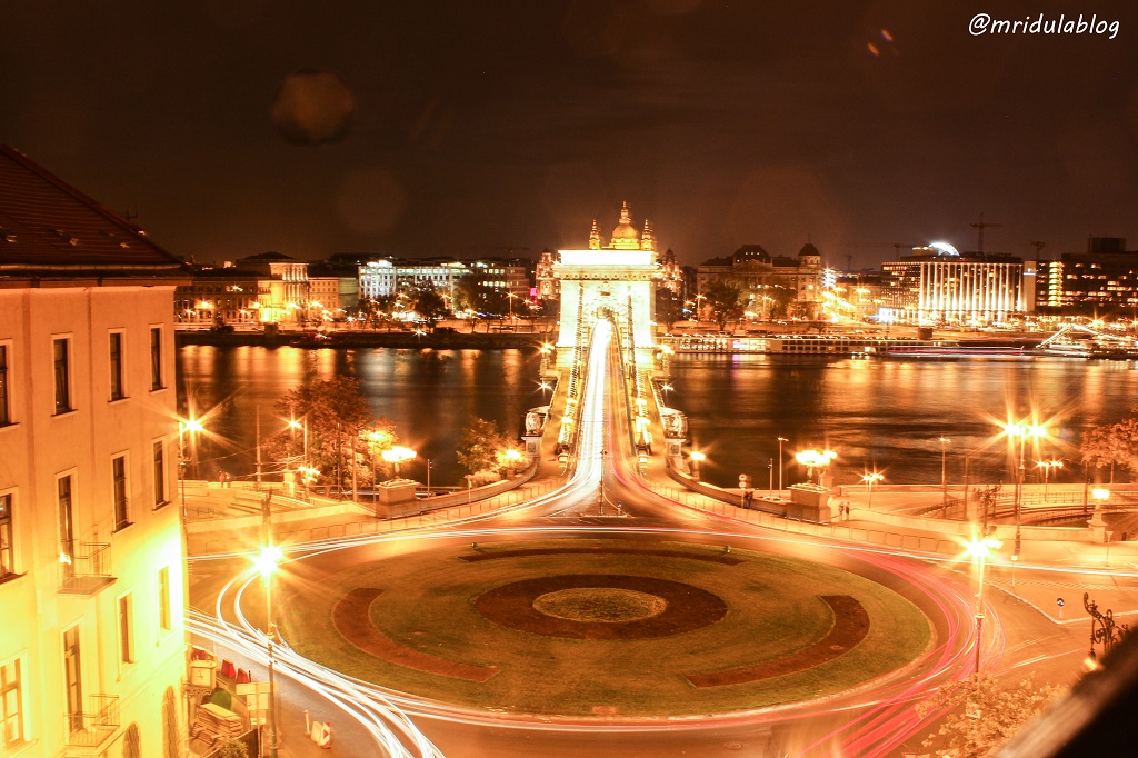 A view of the Chain Bridge along with its roundabout at Night, Budapest, Hungary